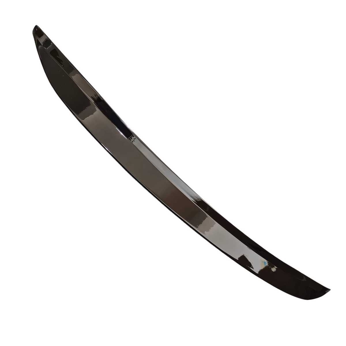 A curved, shiny metallic car spoiler likely for a rear trunk is shown isolated on a plain white background.