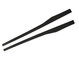 Two black helicopter rotor blades are shown side by side, resting on a plain white background.