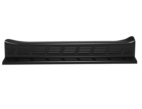 A black, elongated car running board features rectangular grooves along its surface, likely designed for traction. The background is plain white, emphasizing the running board's shape and texture.