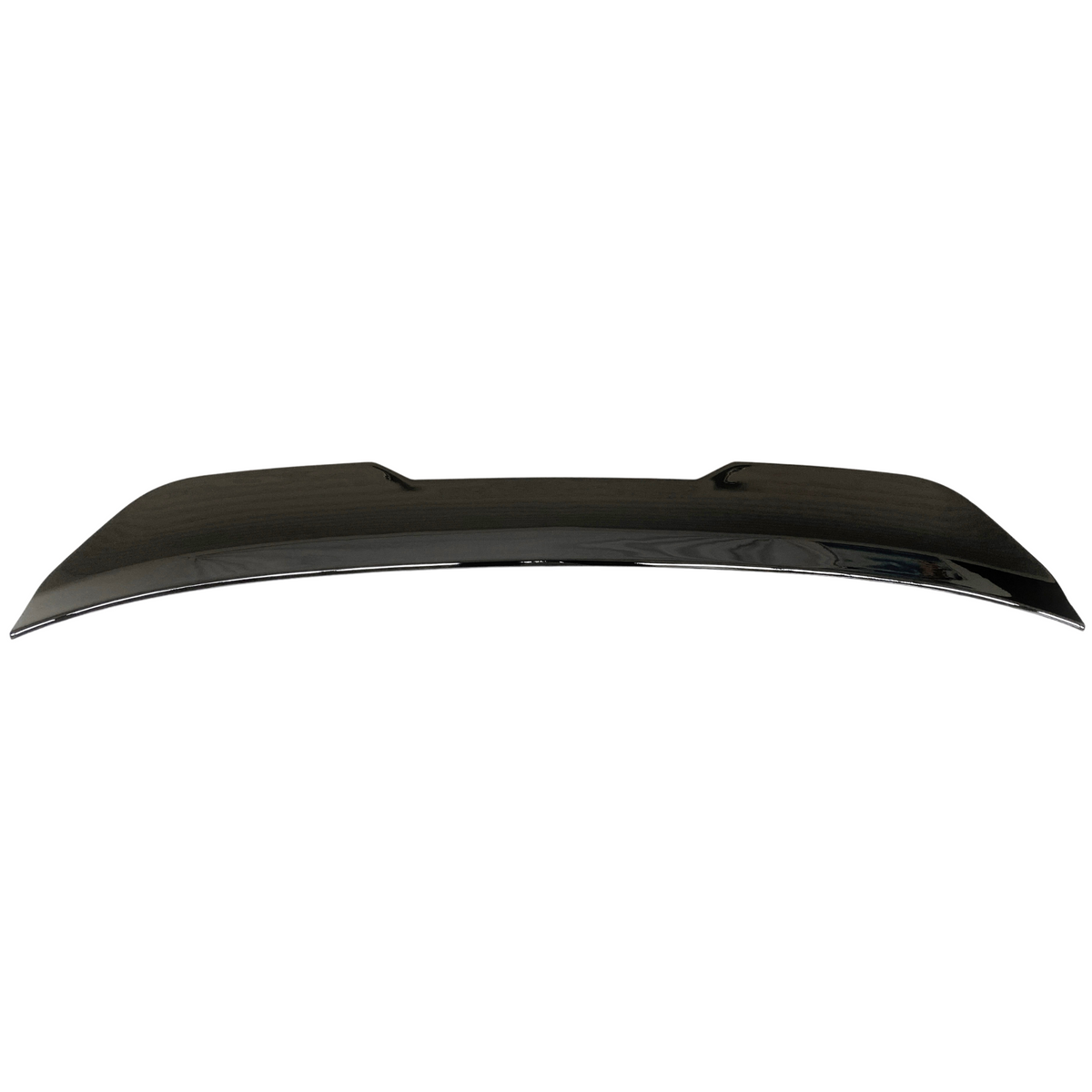 A sleek, black car spoiler sits against a plain white background, designed to improve aerodynamics by reducing drag and increasing downforce on a vehicle.