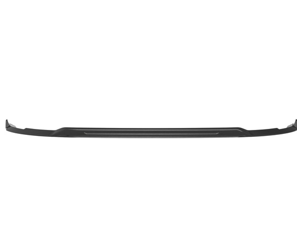 A black plastic car front lip spoiler, shaped to fit a vehicle's bumper, rests against a plain white background. Its edges curve slightly upward.