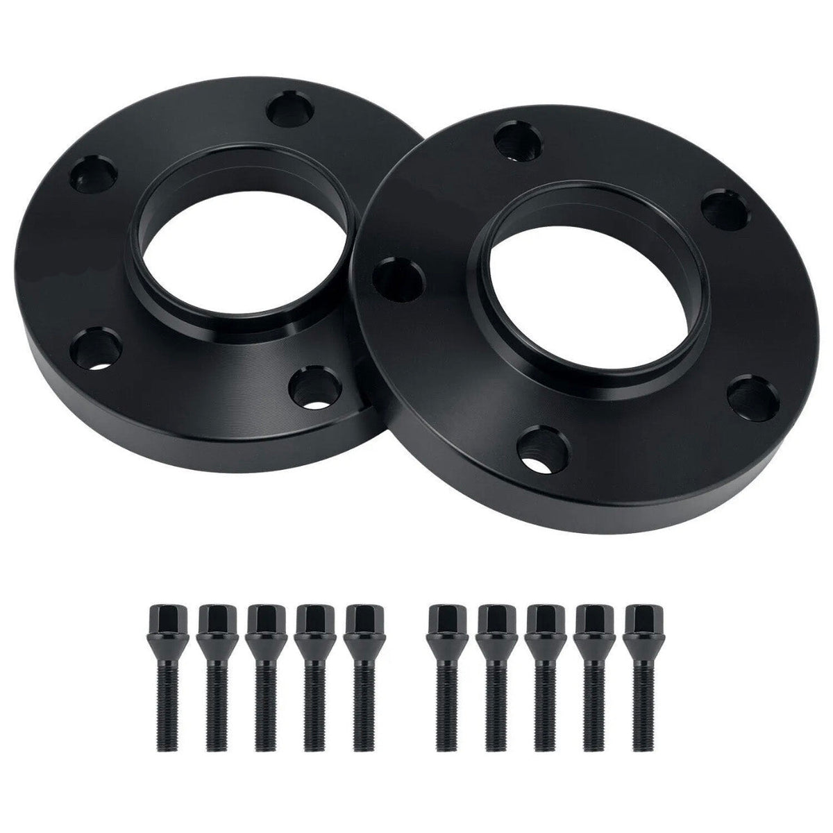 Two black wheel spacers with five bolt holes each, accompanied by ten matching black bolts, are arranged on a plain white background.