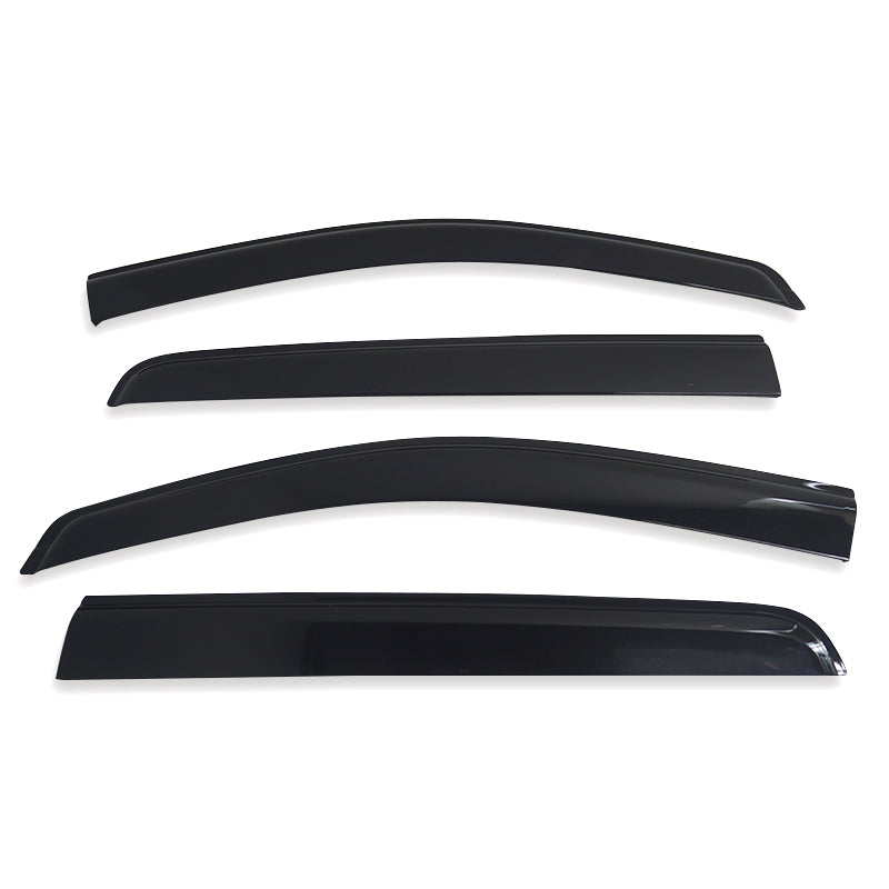 Four sleek, black car window visors are arranged side by side against a white background, emphasizing their curved edges and shiny surface.