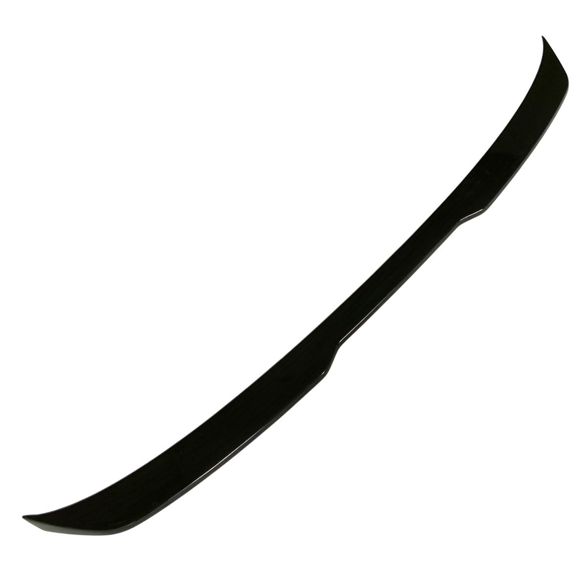 A black, sleek, aerodynamic car spoiler with a slight upward curve, isolated against a white background, suggesting it's designed for enhancing vehicle performance and style.