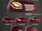 A series of car taillight designs, each illustrating different functions: brake light, turn signal, reverse light, fog light, and running light. Labels: 