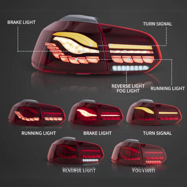 A series of car taillight designs, each illustrating different functions: brake light, turn signal, reverse light, fog light, and running light. Labels: "BRAKE LIGHT," "TURN SIGNAL," "REVERSE LIGHT," "FOG LIGHT," "RUNNING LIGHT."