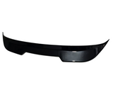 A glossy black car spoiler, gently curved with upward tips, rests in isolation on a plain, white background.