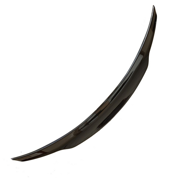A glossy, curved, black car spoiler displayed against a plain white background. The object is cleanly silhouetted, showcasing its streamlined design.