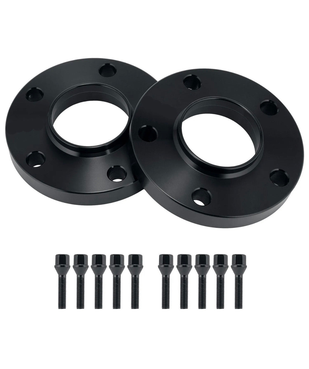 Two black wheel spacers rest on a white surface, each with five holes. In front, ten matching black bolts are neatly aligned, suggesting installation parts for automotive use.