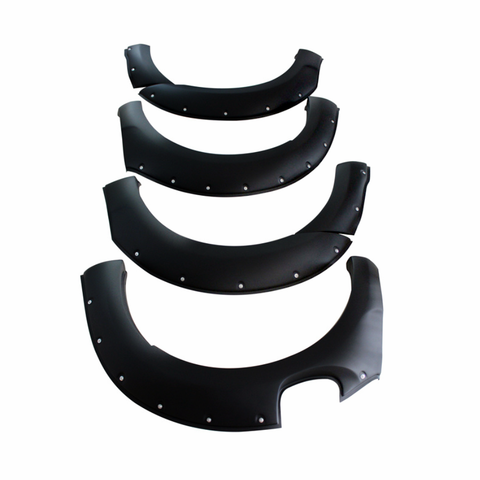 Four black fender flares, each progressively larger, are aligned vertically. They have silver rivet details and are set against a plain white background.