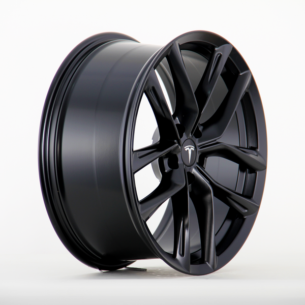 A black, multi-spoke alloy wheel displaying a Tesla logo, stands upright on a plain white background, showcasing a sleek design with a polished finish.