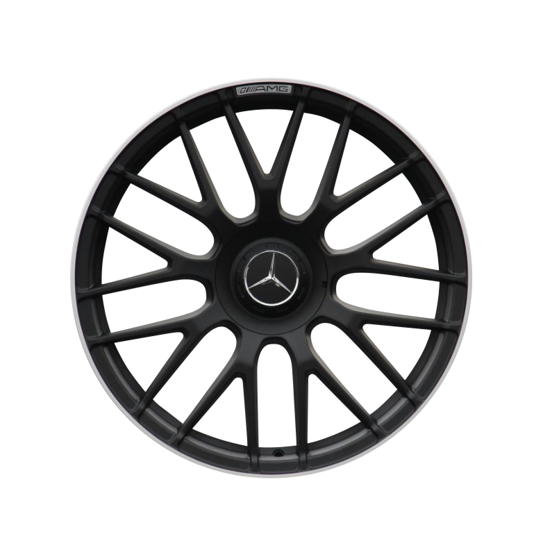 A black alloy wheel with a multi-spoke design features a central logo with a star symbol. The top edge displays the text "AMG." The background is plain white.