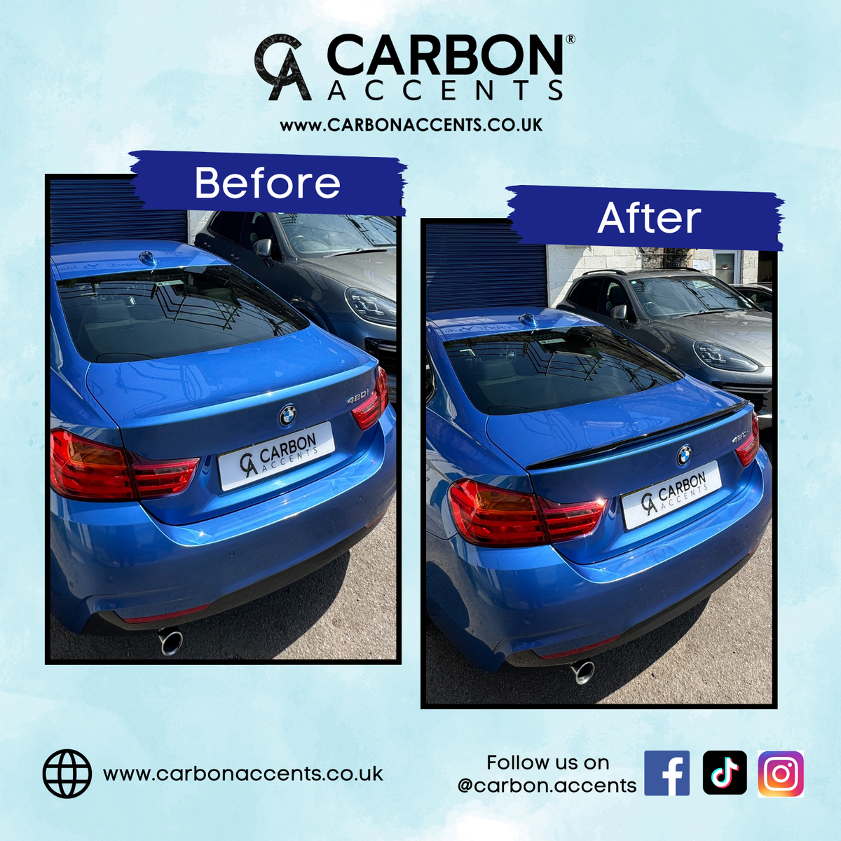 A blue BMW car is shown in "Before" and "After" images. The "After" image displays a carbon spoiler added to the trunk. Surrounding text: "CARBON ACCENTS www.carbonaccents.co.uk Follow us on @carbon.accents".