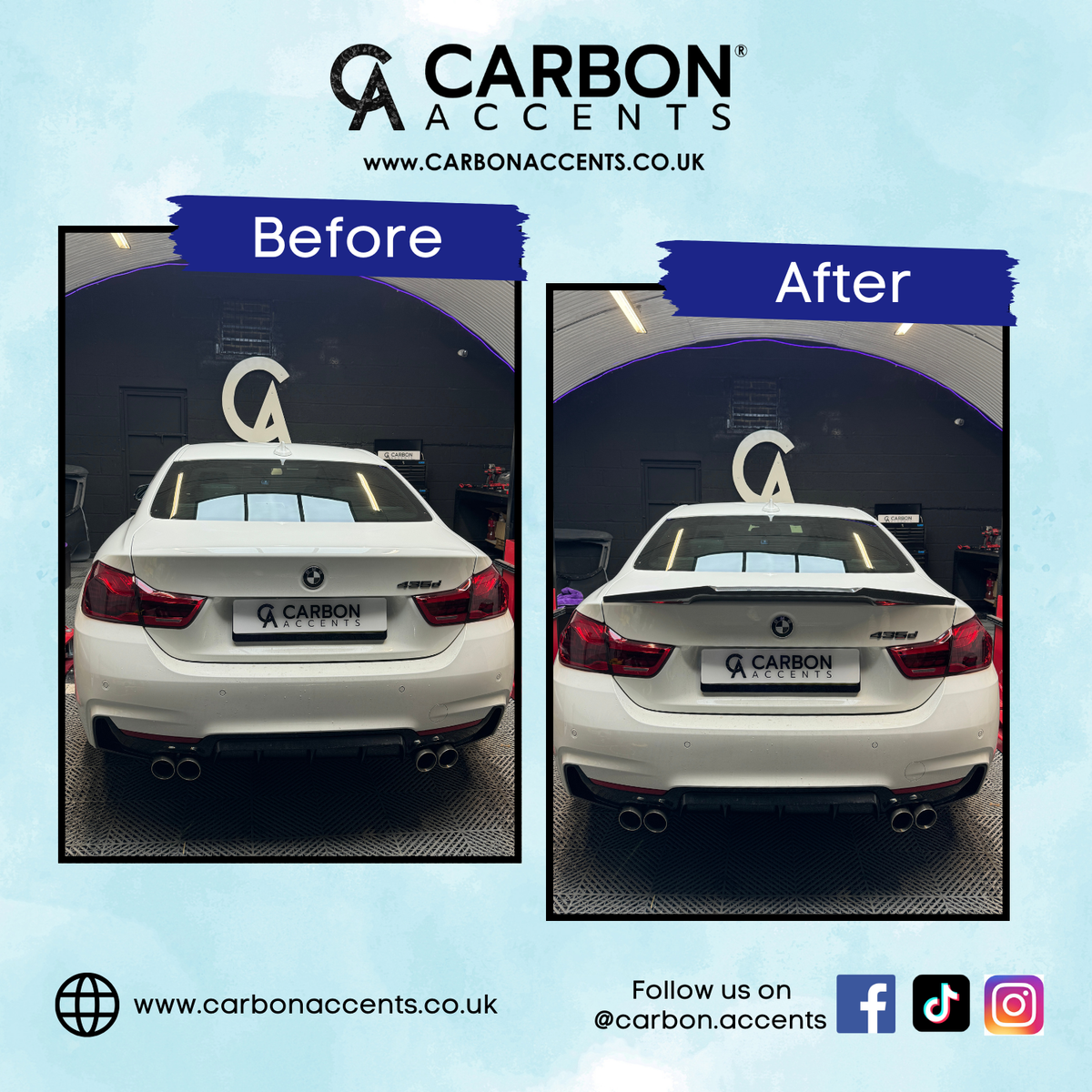 A white BMW, shown in two images labeled "Before" and "After," is parked indoors. The "After" image features an enhanced spoiler. Text: "CARBON ACCENTS, www.carbonaccents.co.uk" and social media icons.