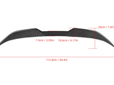 Spoiler with carbon fiber texture, measures 112.8 cm length, 10.6 cm center height. Side heights: 7.5 cm and 20 cm. Displayed on a plain white background with red text annotations.