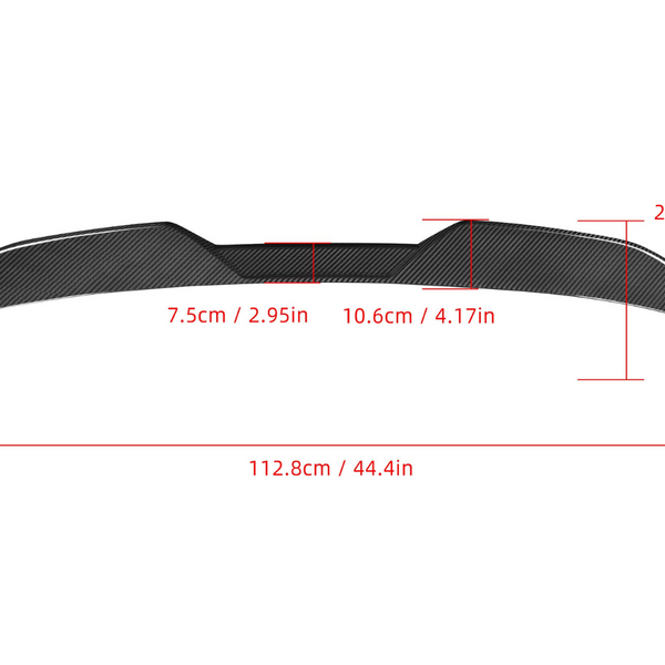 Spoiler with carbon fiber texture, measures 112.8 cm length, 10.6 cm center height. Side heights: 7.5 cm and 20 cm. Displayed on a plain white background with red text annotations.