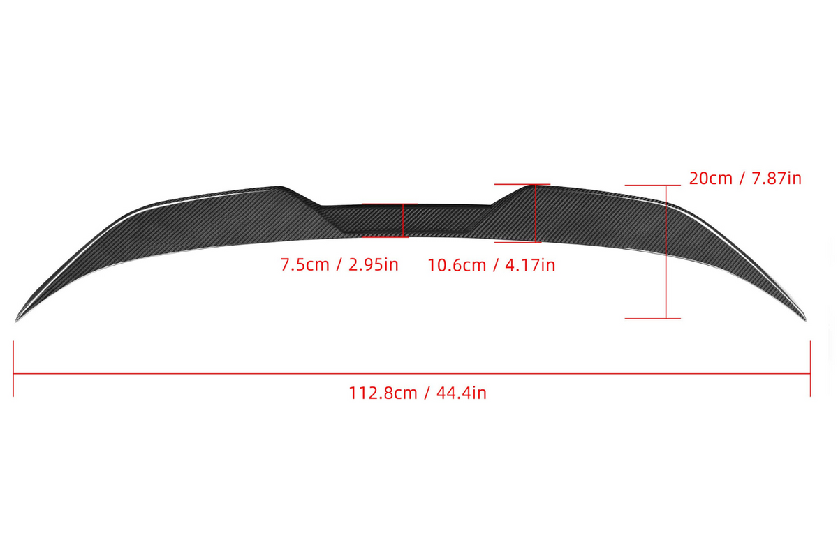Spoiler with carbon fiber texture, measures 112.8 cm length, 10.6 cm center height. Side heights: 7.5 cm and 20 cm. Displayed on a plain white background with red text annotations.