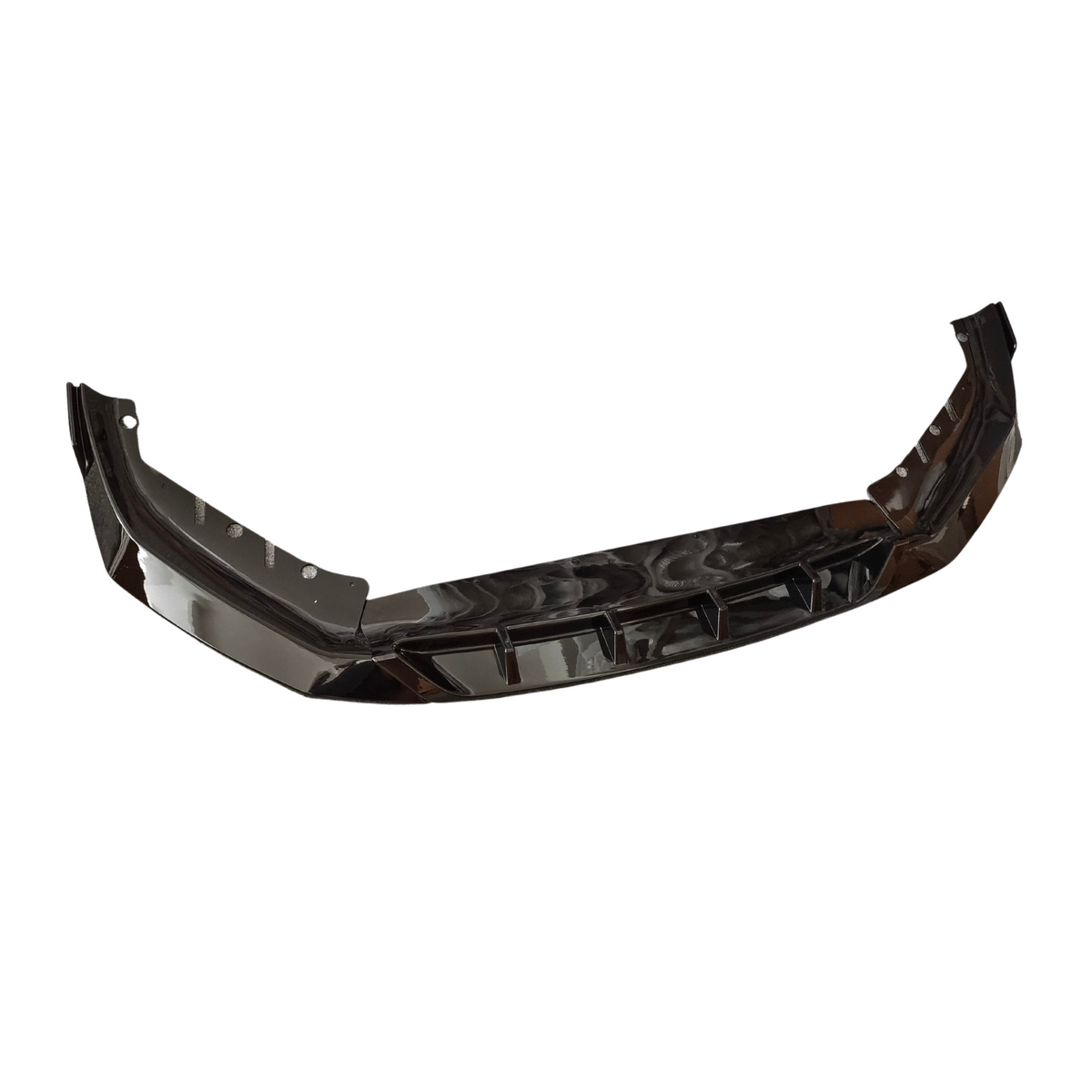 A shiny black car bumper, featuring multiple mounting holes and angular protrusions, is positioned against a plain white background, suggesting it is ready for installation or display.