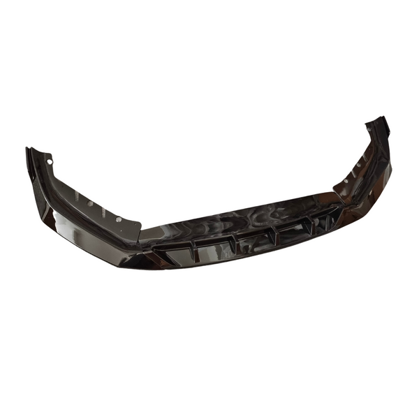 A shiny black car bumper, featuring multiple mounting holes and angular protrusions, is positioned against a plain white background, suggesting it is ready for installation or display.