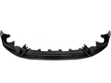 Curved black carbon fiber car bumper with mounting brackets, positioned horizontally against a plain white background, displaying a sleek design and intricate texture.