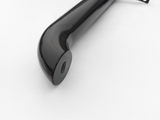 A glossy black metal pipe with a curved end and two mounting brackets protrudes on a plain white background.