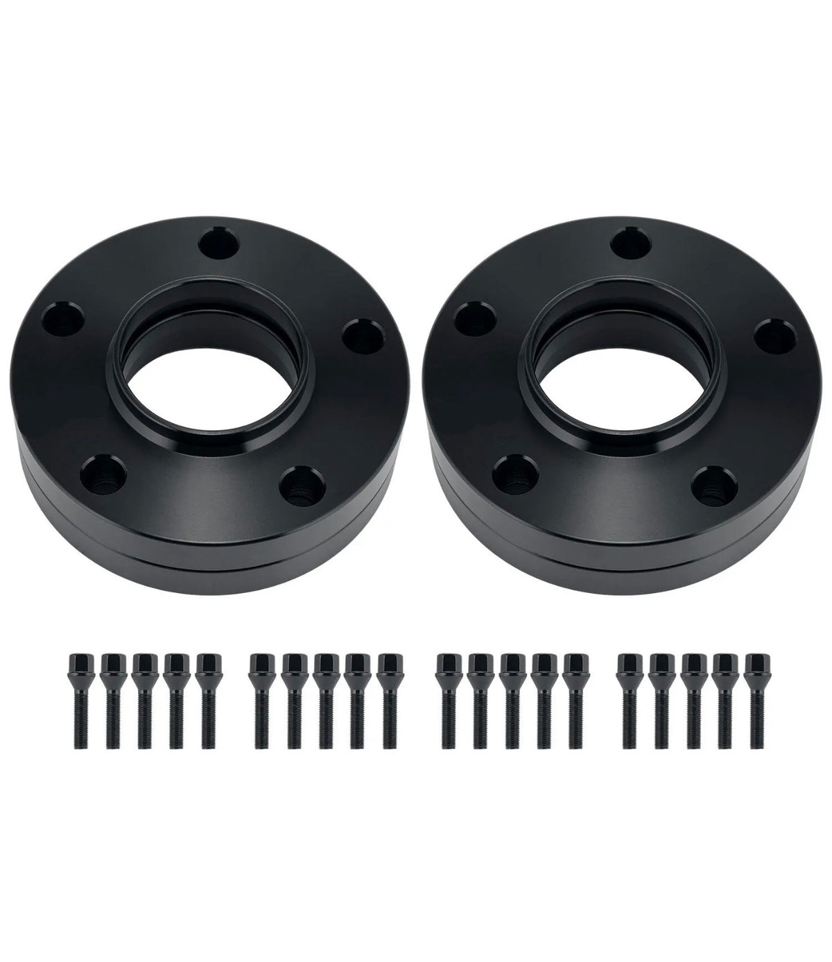 Two black wheel spacers with holes are aligned horizontally; each is accompanied by a row of ten matching black bolts beneath them. Set against a plain white background.