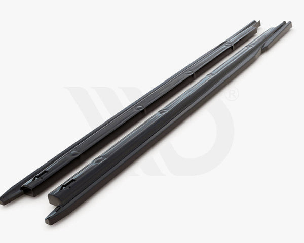 Two black, elongated plastic strips lie parallel on a white surface, likely used for aerodynamic purposes. Text below reads, "WORLDWIDE LEADER IN AERODYNAMIC COMPONENTS."