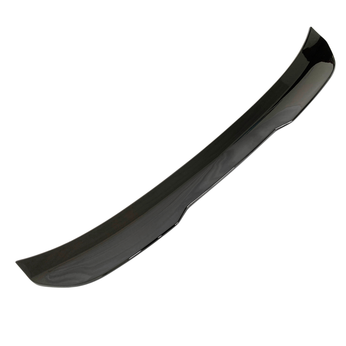 A sleek, glossy black car spoiler curves slightly upward, designed for aerodynamic efficiency, displayed against a plain white background.