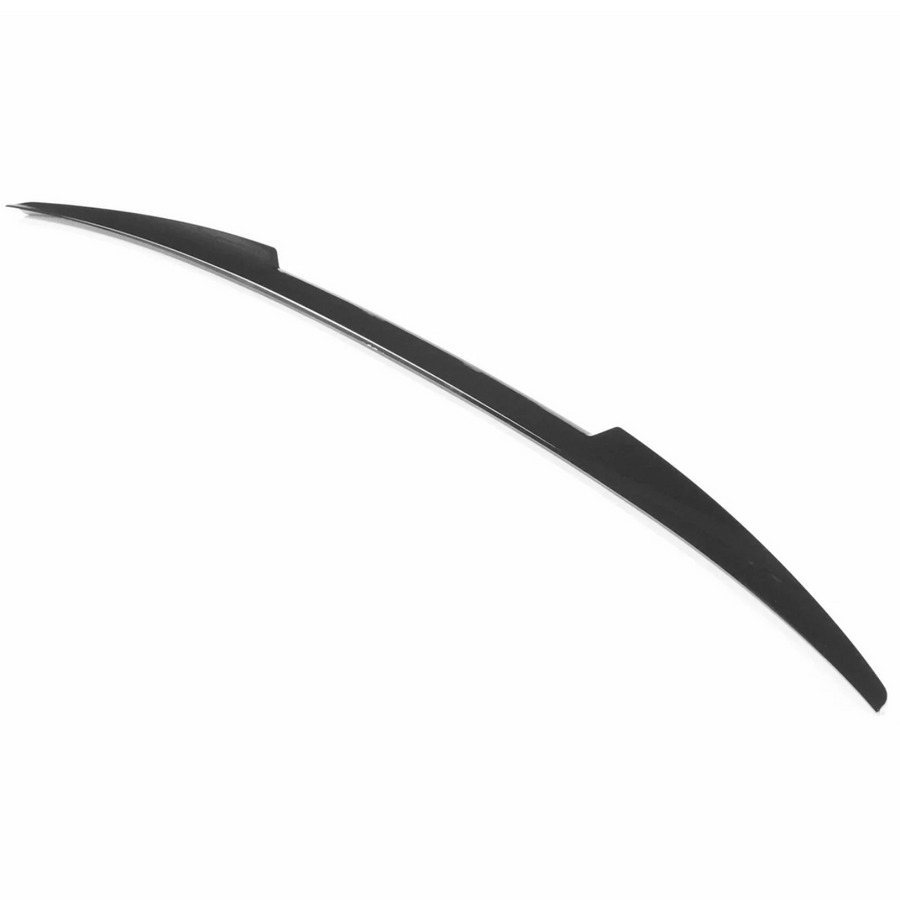 A black, curved car spoiler sits against a white background, showcasing its aerodynamic profile with smooth lines and a streamlined shape.