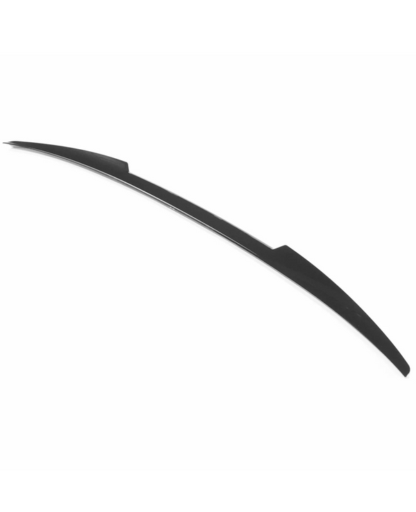 A black, curved car spoiler sits against a white background, showcasing its aerodynamic profile with smooth lines and a streamlined shape.