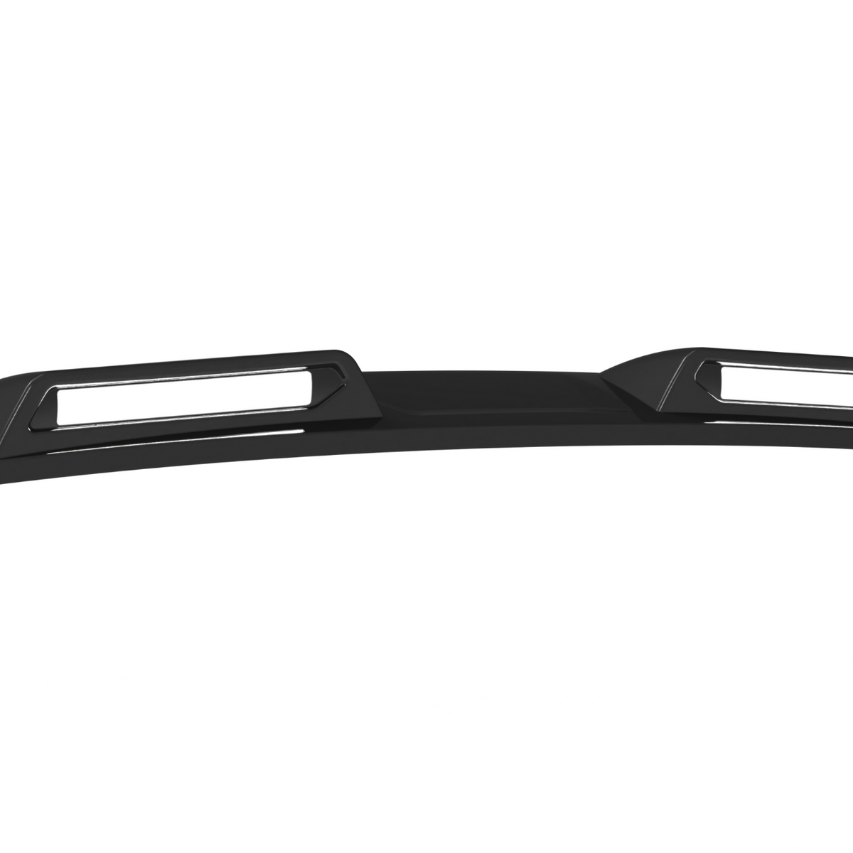 A sleek, black car spoiler with two rectangular cutouts sits against a plain, white background, suggesting an automotive accessory designed for aerodynamics and aesthetic enhancement.