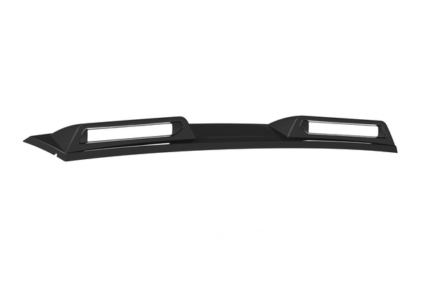 A sleek, black car spoiler with two rectangular cutouts sits against a plain, white background, suggesting an automotive accessory designed for aerodynamics and aesthetic enhancement.