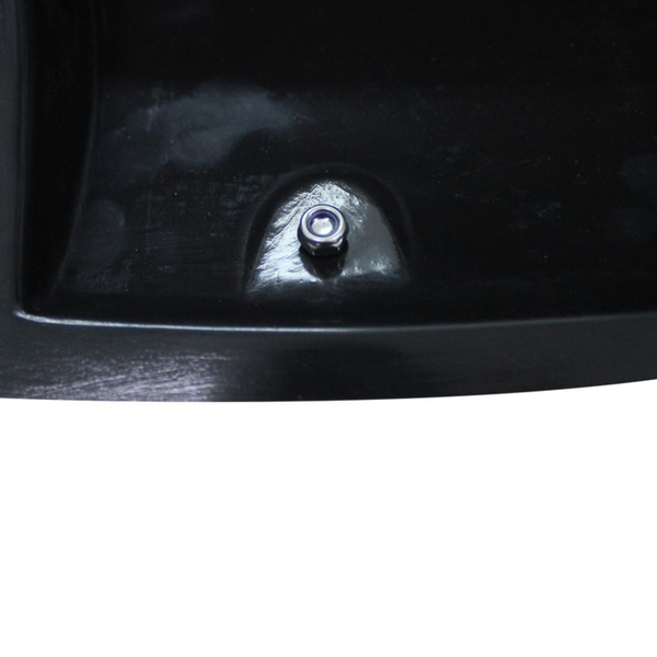 A small, metallic bolt is fastened on a smooth, glossy black curved surface, possibly part of a fixture or appliance, with no additional objects or features visible in the image.