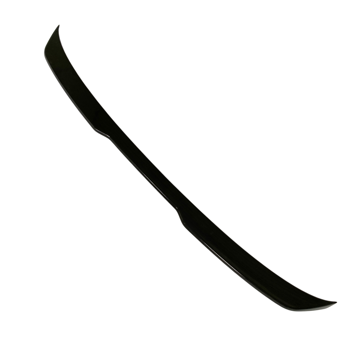 A sleek, black car spoiler lies diagonally against a white background, suggesting aerodynamic use on vehicles in an automotive setting.