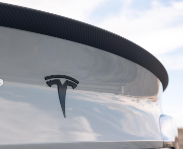The rear of a white car displays the Tesla logo, with a carbon fiber spoiler against a partly cloudy sky.