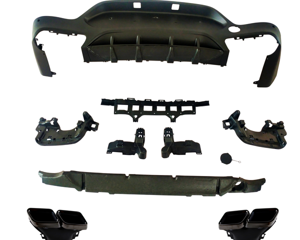 Various black car bumper components are organized on a white background, displaying multiple parts including mounting brackets, protective covers, and twin exhaust tips, illustrating a disassembled view.