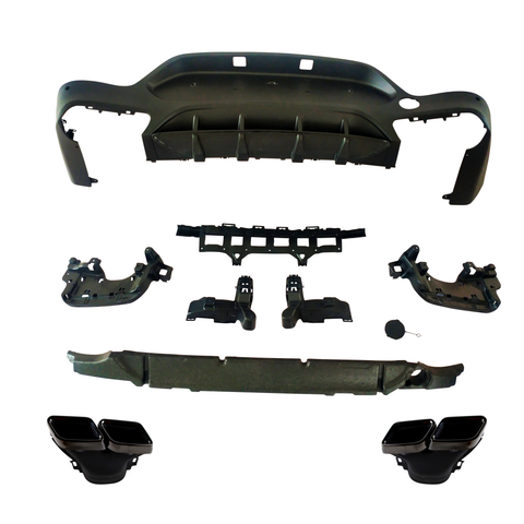 Various black car bumper components are organized on a white background, displaying multiple parts including mounting brackets, protective covers, and twin exhaust tips, illustrating a disassembled view.