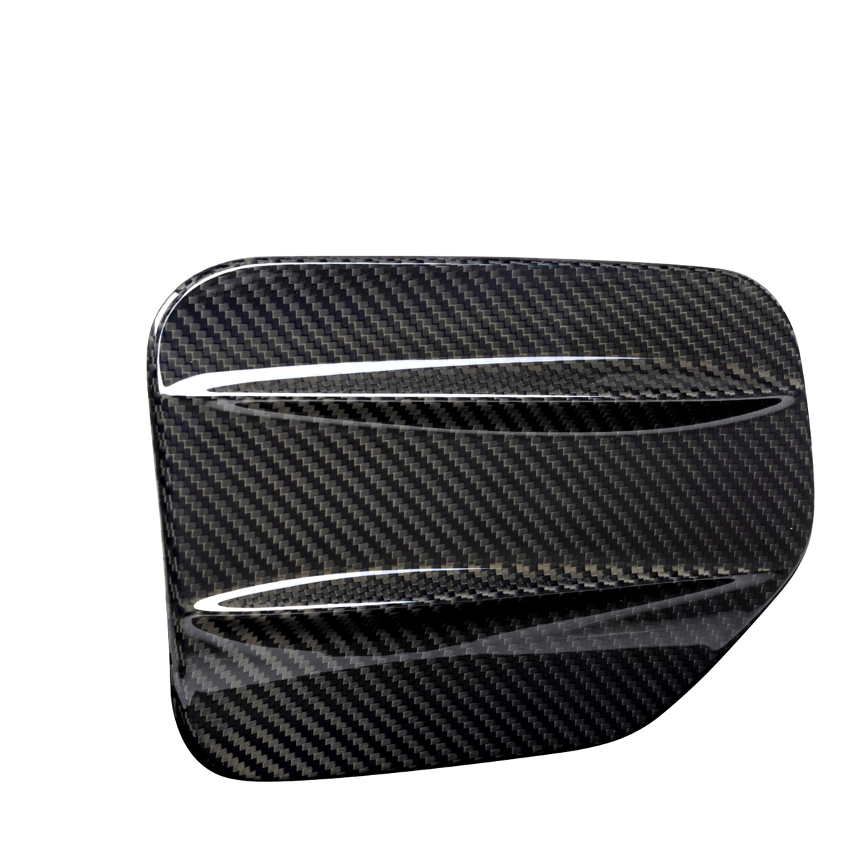 A sleek, carbon fiber car accessory with two aerodynamic ridges, set against a plain white background, showcasing its glossy textured pattern.