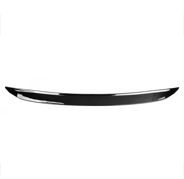 A sleek, black car spoiler curves slightly upward against a plain white background, designed for aerodynamic enhancement on vehicles.