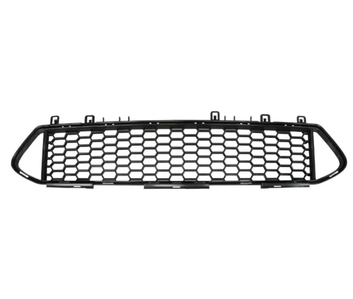 Black hexagonal mesh car grille, resting horizontally, featuring multiple mounting tabs, against a plain white background.
