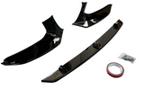 Black car splitter parts, positioned separately, include curved sections and a rod. Accompanied by adhesive tape and a small bag, set against a plain white background.