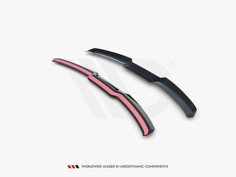 Two aerodynamic car components lie on a plain background; one features red detailing. The context highlights the brand's slogan: "WORLDWIDE LEADER IN AERODYNAMIC COMPONENTS.”