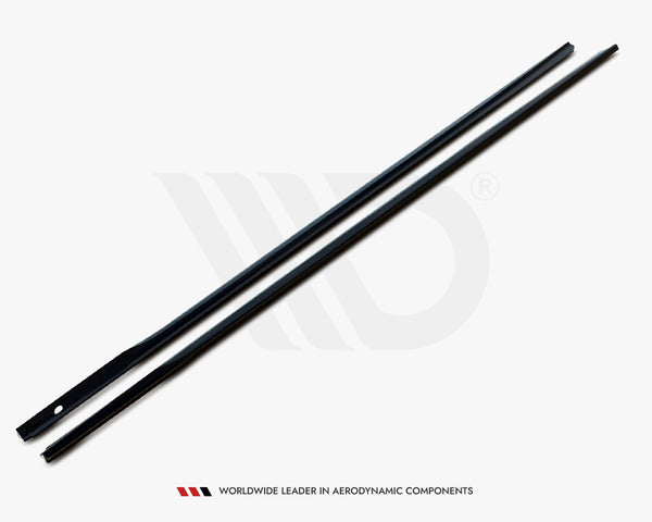 Two long, slender black rods lie parallel on a light background. The lower rod has a hole near one end. Text reads: "WORLDWIDE LEADER IN AERODYNAMIC COMPONENTS."
