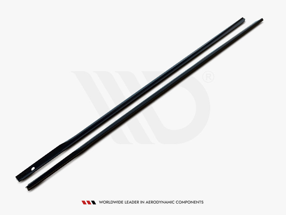 Two long, slender black rods lie parallel on a light background. The lower rod has a hole near one end. Text reads: "WORLDWIDE LEADER IN AERODYNAMIC COMPONENTS."