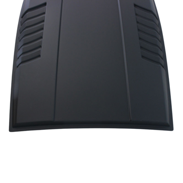A matte black car hood, featuring angular vents and ridges, rests against a plain white background.