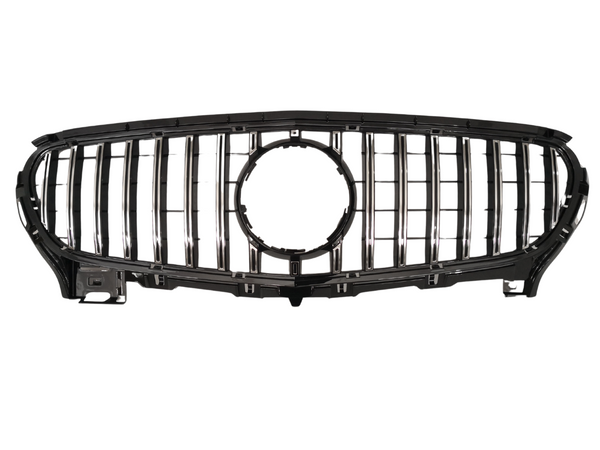 Chrome vehicle grille with vertical slats and a central circular emblem space, resting on a plain white background, displaying a sleek and modern design.