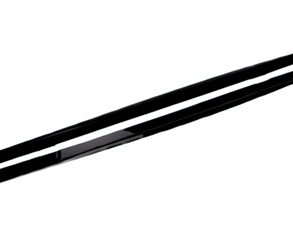 Two long, thin, black objects appear parallel and feature smooth surfaces, likely car side skirts, isolated on a white background with no text present.