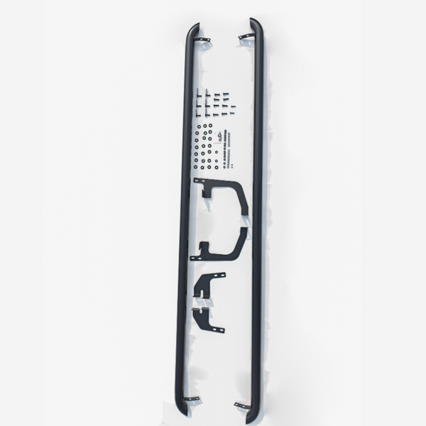 Two black metal running boards with brackets and screws arranged on white background. Accompanied by text: "INDOWOX 2000005 13- CADRIM AIANO 2000005." Components for vehicle installation.