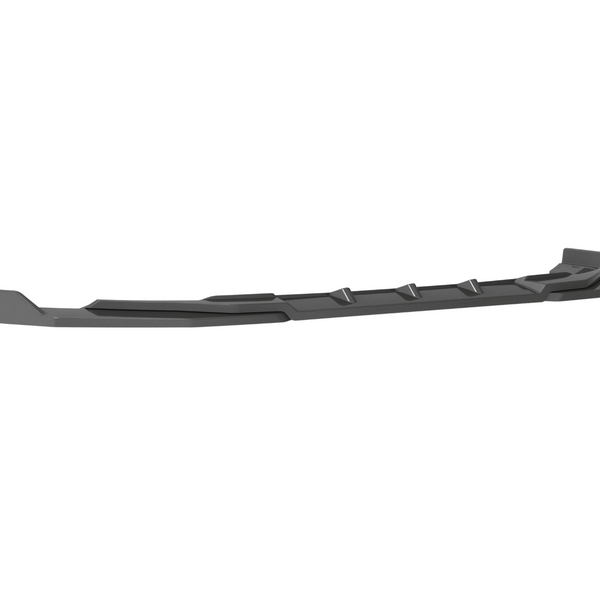 A long, black car side skirt lies horizontally against a plain white background, featuring angular edges and several triangular fins along its length.