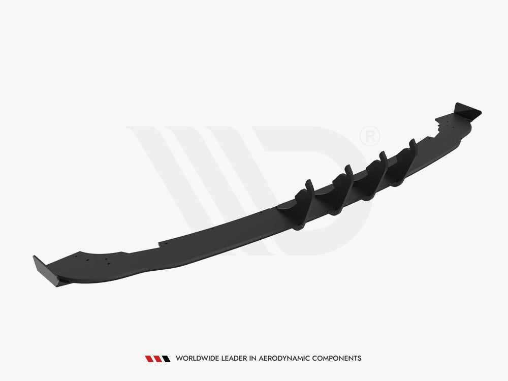 A black aerodynamic car diffuser with multiple vertical fins, positioned on a white background. Text reads "WORLDWIDE LEADER IN AERODYNAMIC COMPONENTS" beneath the image.